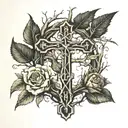 I'm looking to get a medium-sized tattoo on my arm, combining the roots of a tree wrapped around a cross. The style I'm  tattoo design idea