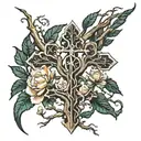 I'm looking to get a medium-sized tattoo on my arm, combining the roots of a tree wrapped around a cross. The style I'm  tattoo design idea