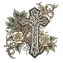 I'm looking to get a medium-sized tattoo on my arm, combining the roots of a tree wrapped around a cross. The style I'm  tattoo design idea