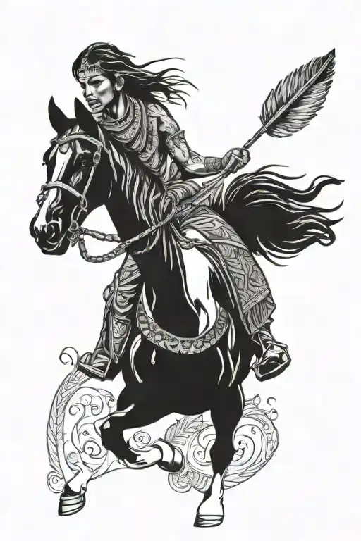 feathered indian girl riding a horse tattoo design idea