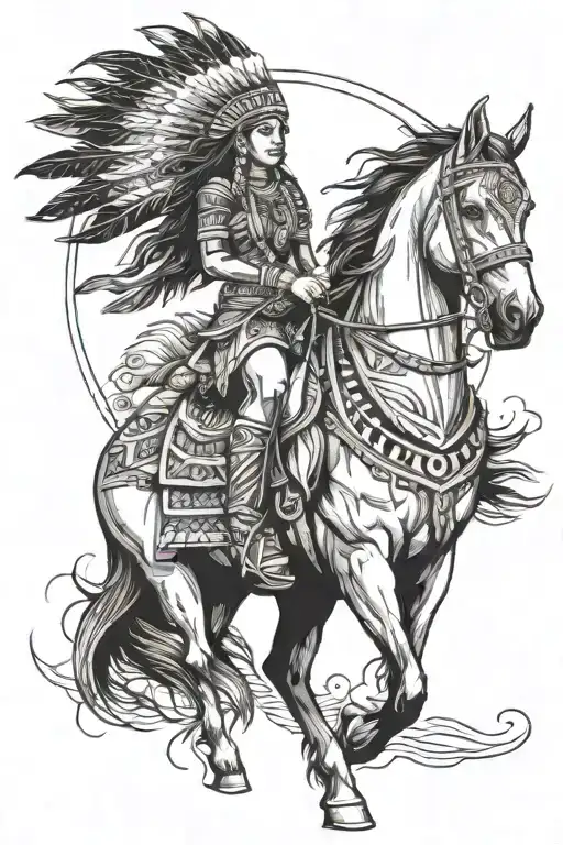 feathered indian girl riding a horse tattoo design idea