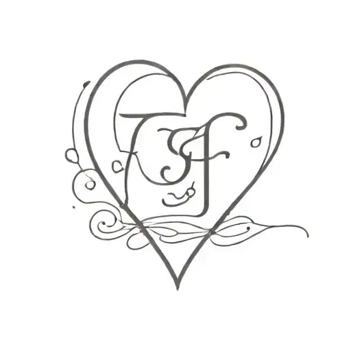 heart shape with letter f in script and mini deco tattoo design idea