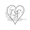 heart shape with letter f in script and mini deco tattoo design idea