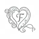 heart shape with letter f in script and mini deco tattoo design idea