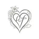 heart shape with letter f in script and mini deco tattoo design idea