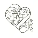 heart shape with letter f in script and mini deco tattoo design idea