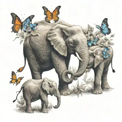 two elephants one mama and one baby with butterflies around them  tattoo design idea