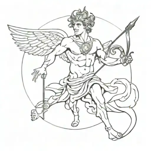 A stylized illustration of the Greek god Hermes, known for his quick thinking and agility, in a sketch style tattoo design idea