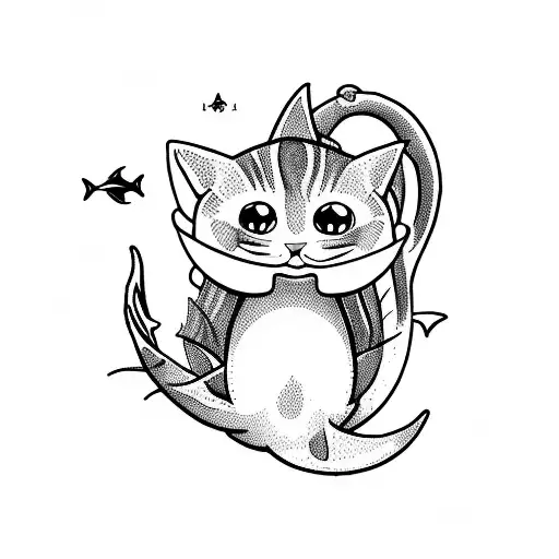 cartoon cat with shark tail like it's a mermaid, half cat half shark tail tattoo design idea