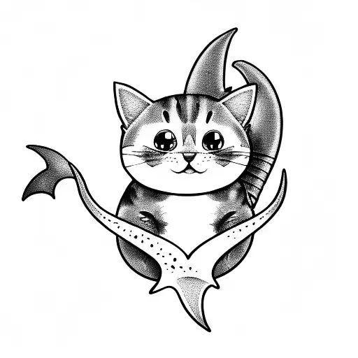 cartoon cat with shark tail like it's a mermaid  tattoo design idea