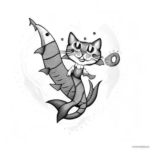 cartoon cat with shark tail like it's a mermaid  tattoo design idea