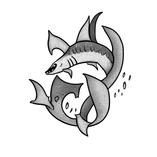 cartoon black cat with shark tail like it's a mermaid, half cat half shark tail tattoo design idea
