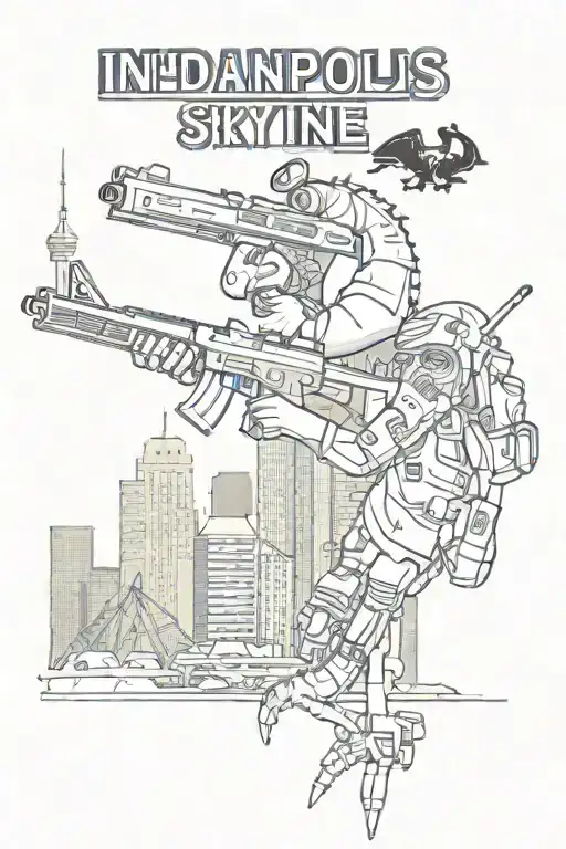 Indianapolis skyline with "Napghanistan" under it, evil Boomer the Pacers mascot holding an Ak47 and police, helicopters tattoo design idea
