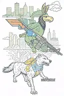 Indianapolis skyline with "Napghanistan" under it, evil Boomer the Pacers mascot holding an Ak47 and police, helicopters tattoo design idea