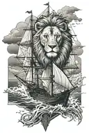 Lion and ship sailing through stormy tattoo design idea