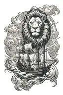 Lion and ship sailing through stormy tattoo design idea