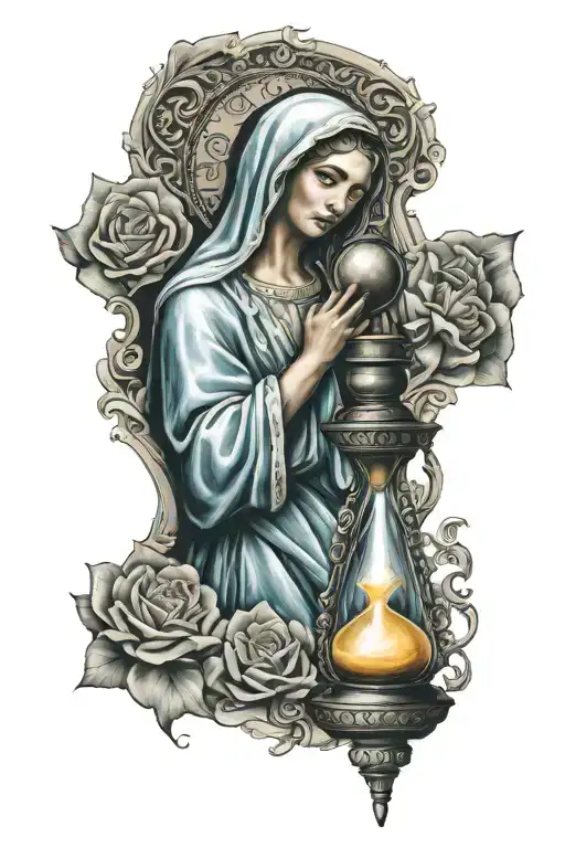 Virgin Mary praying with hourglass combined tattoo design idea