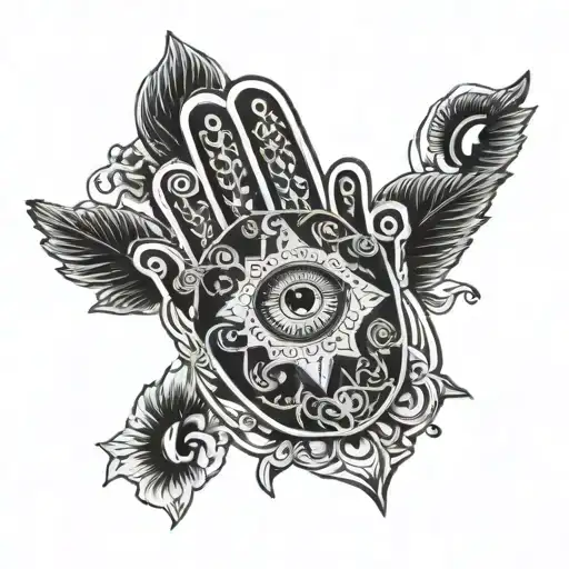 hamsa with the all seeing eye surrounded by zodiac signs of Sagittarius Scorpio Gimini Aquarius Virgo  tattoo design idea