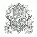 hamsa with the all seeing eye surrounded by zodiac signs of Sagittarius Scorpio Gimini Aquarius Virgo  tattoo design idea