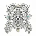 hamsa with the all seeing eye surrounded by zodiac signs of Sagittarius Scorpio Gimini Aquarius Virgo  tattoo design idea