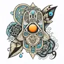 hamsa with the all seeing eye surrounded by zodiac signs of Sagittarius Scorpio Capricorn Gimini Aquarius  tattoo design idea