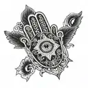 hamsa with the all seeing eye surrounded by zodiac signs of Sagittarius Scorpio Gimini Aquarius Virgo  tattoo design idea