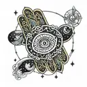 hamsa with the all seeing eye surrounded by zodiac signs of Sagittarius Scorpio Gimini Aquarius Virgo  tattoo design idea