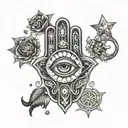 hamsa with the all seeing eye surrounded by zodiac signs of Sagittarius Scorpio Gimini Aquarius Virgo  tattoo design idea