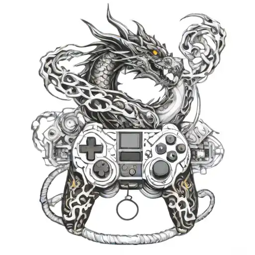 A gaming controller morphing into a dragon breathing fire made of musical symbols tattoo design idea