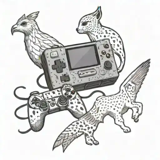 A gaming console surrounded by animals representing the elements of earth, air, fire, and water tattoo design idea