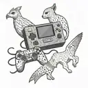 A gaming console surrounded by animals representing the elements of earth, air, fire, and water tattoo design idea