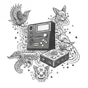 A gaming console surrounded by animals representing the elements of earth, air, fire, and water tattoo design idea