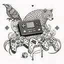 A gaming console surrounded by animals representing the elements of earth, air, fire, and water tattoo design idea