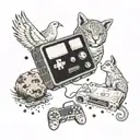 A gaming console surrounded by animals representing the elements of earth, air, fire, and water tattoo design idea