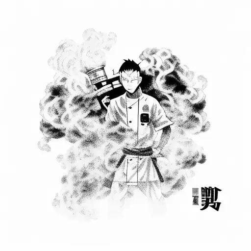 A smoke-filled kitchen with anime characters from Jujutsu Kaisen as chefs tattoo design idea