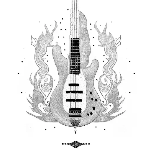 A bass guitar with intricate Indian patterns and a silhouette of a dog and cat tattoo design idea