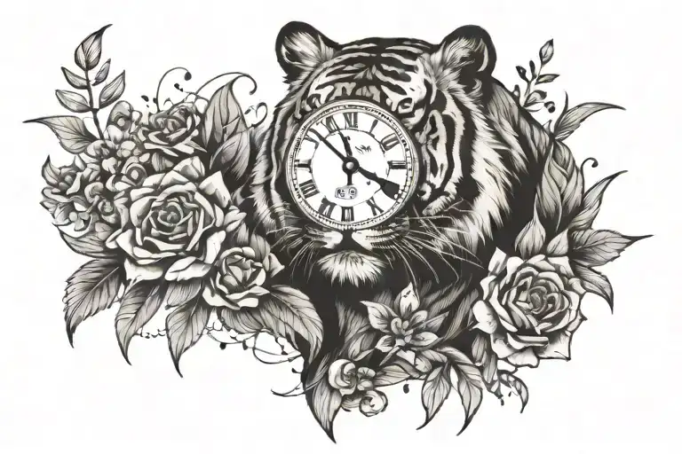 tiger with flowers and clock with date of birth tattoo design idea