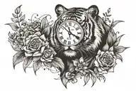 tiger with flowers and clock with date of birth tattoo design idea