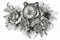 tiger with flowers and clock with date of birth tattoo design idea