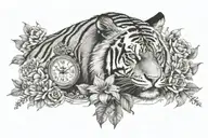 tiger with flowers and clock with date of birth of Jesus Christ tattoo design idea