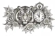 tiger with flowers and clock with date of birth of Jesus Christ tattoo design idea