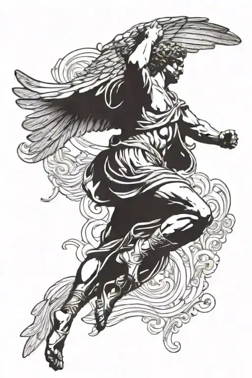 Roman sculpture of a man flying upwards with a blindfold and has angelic wings tattoo design idea
