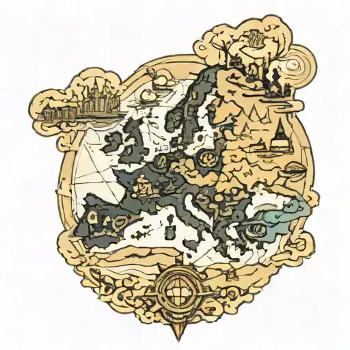 european map with world wonders tattoo design idea