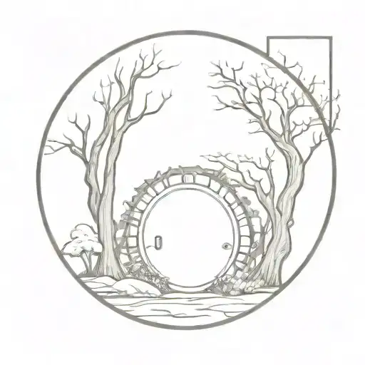 round hobbit doors in forest, dark and melancholical tattoo design idea