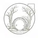 round hobbit doors in forest, dark and melancholical tattoo design idea