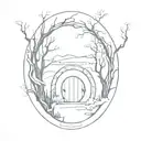 round hobbit doors in forest, dark and melancholical tattoo design idea