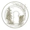 round hobbit doors in forest, dark and melancholical tattoo design idea