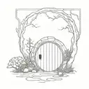 round hobbit doors in forest, dark and melancholical tattoo design idea