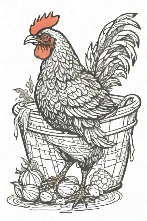 little chicken taking a bath in a bathtub with a leek in his feathers using it for scrubbing tattoo design idea