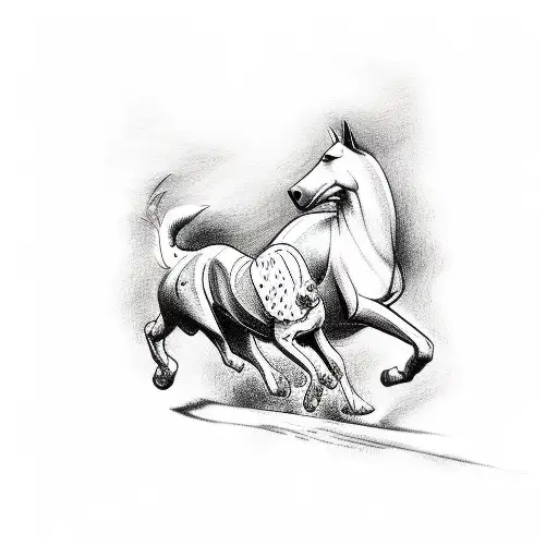 A tattoo of a dog and horse running together in a scenic Jamaican landscape tattoo design idea